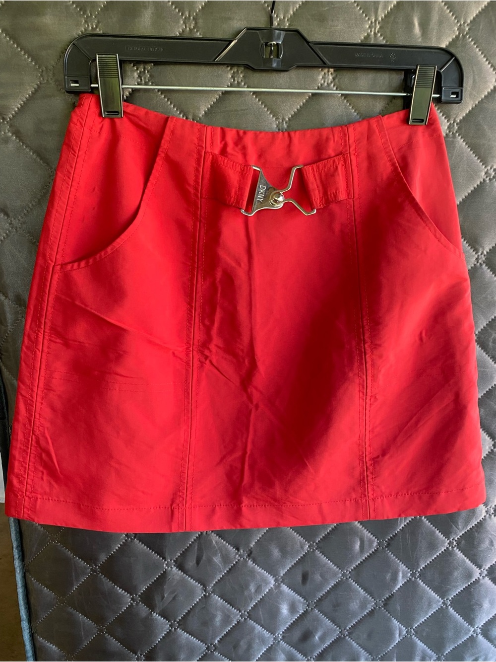 VINTAGE DKNY Red Nylon Tech Mini Skirt Utility Buckle Size 2